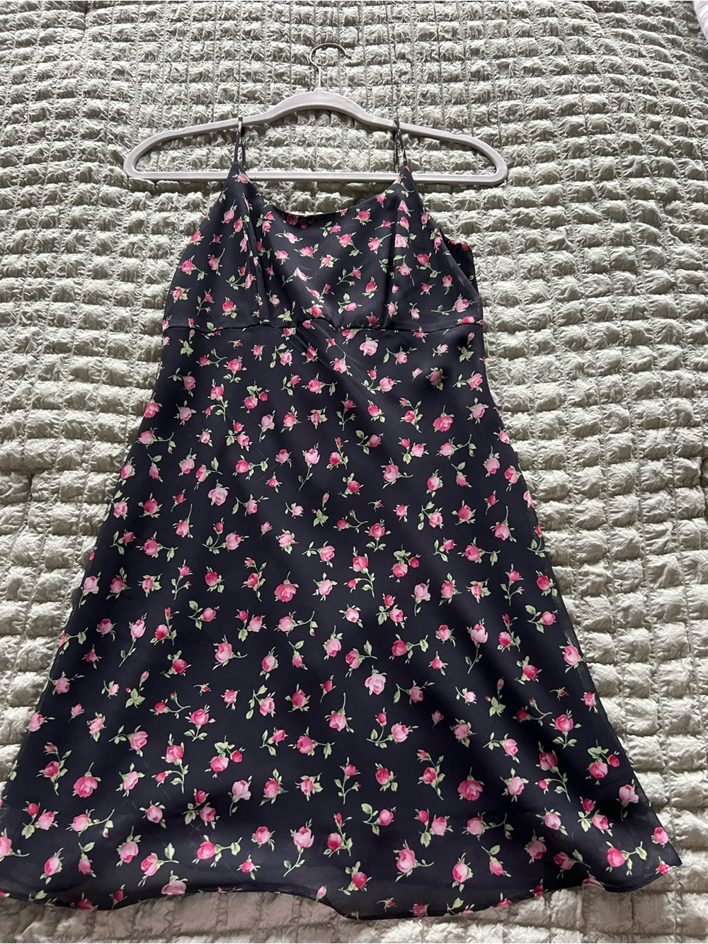Alyn Paige Black Slip Dress with Pink Rose Print